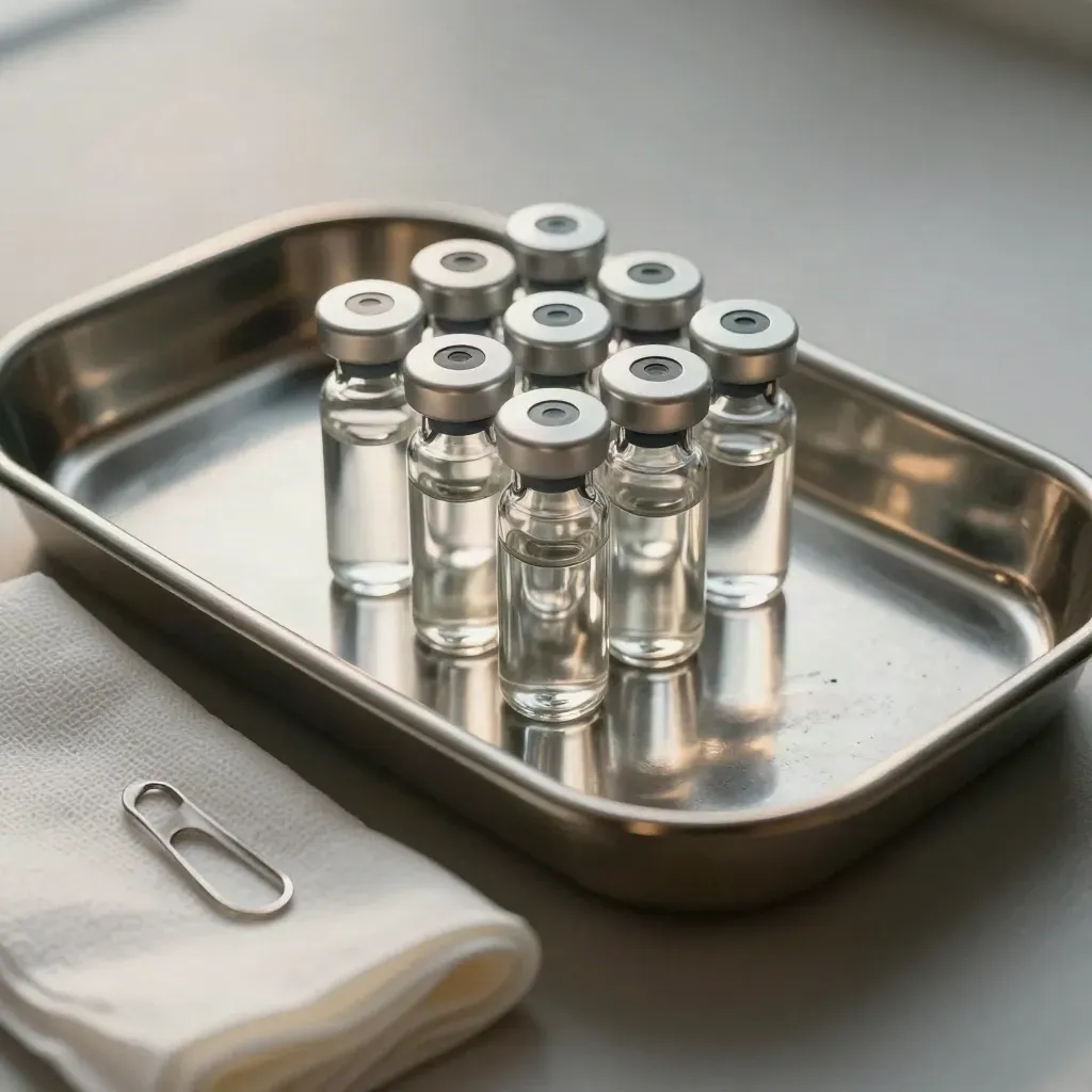 Top-down medical tray with vials, gauze, and clip on brushed steel