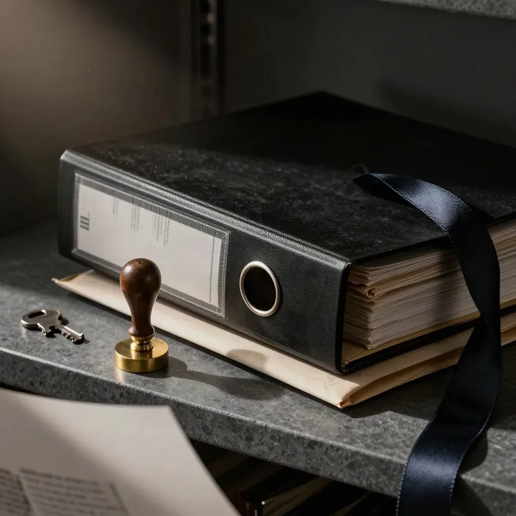 Legal archive still life with brass clasp, black binder, wax seal stamp and navy ribbon on graphite stone.