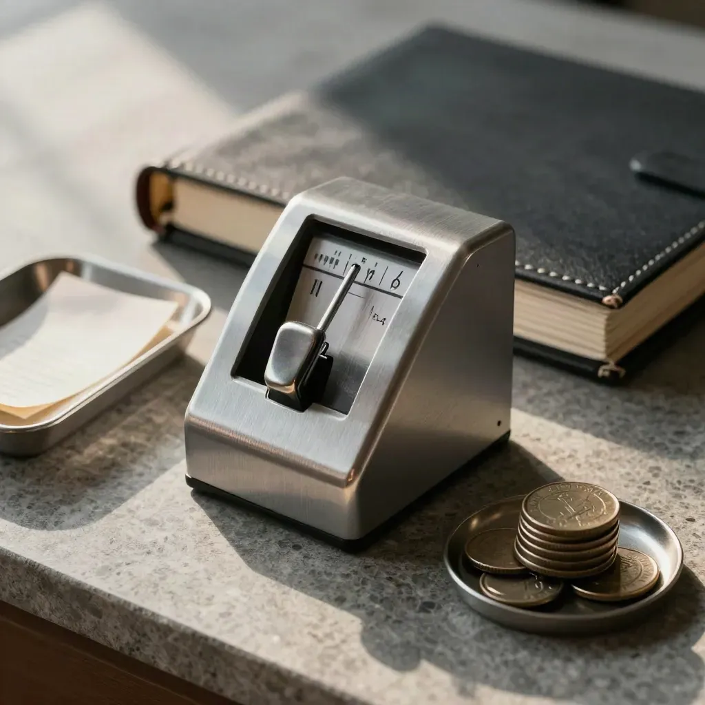 Brushed tally counter, ledger binder, receipt tray and coin dish on stone in soft daylight.