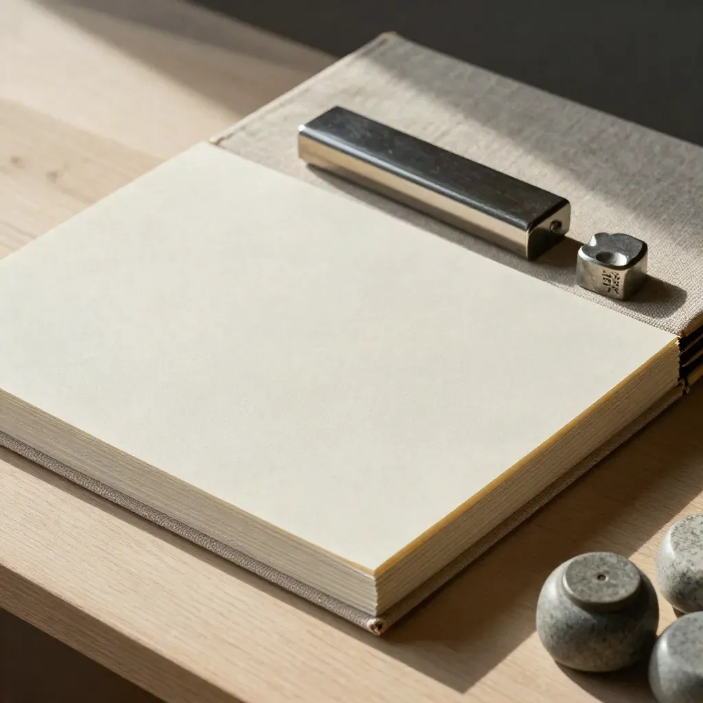 Linen book boards, paper stack, bone folder, and page weights on pale wood in soft light