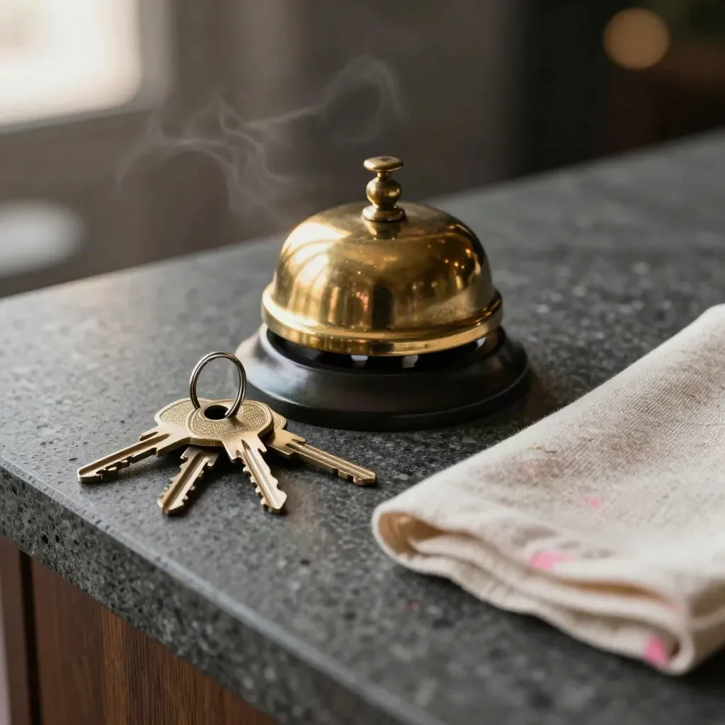 Brass hotel bell, key ring and linen napkin on dark stone with warm vapor.