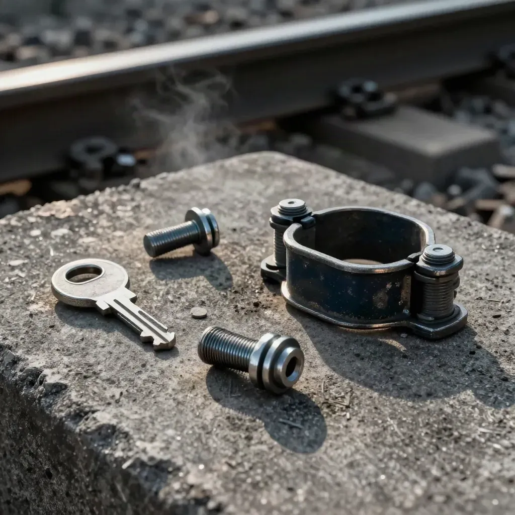 Steel rail fasteners, coupling pin, and maintenance clamp on rough concrete, lit dramatically.
