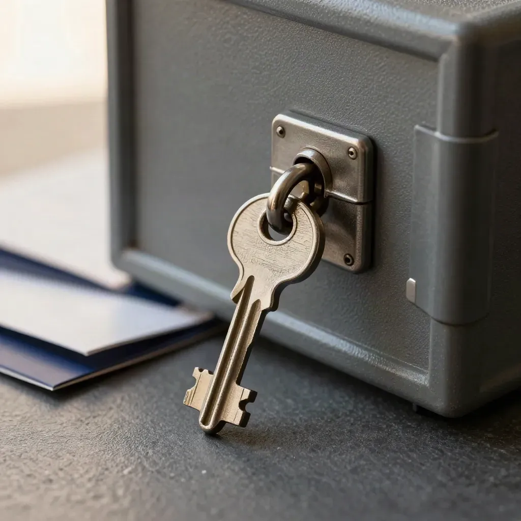 Key on locked vault case with two sealed sleeves, macro on graphite stone.