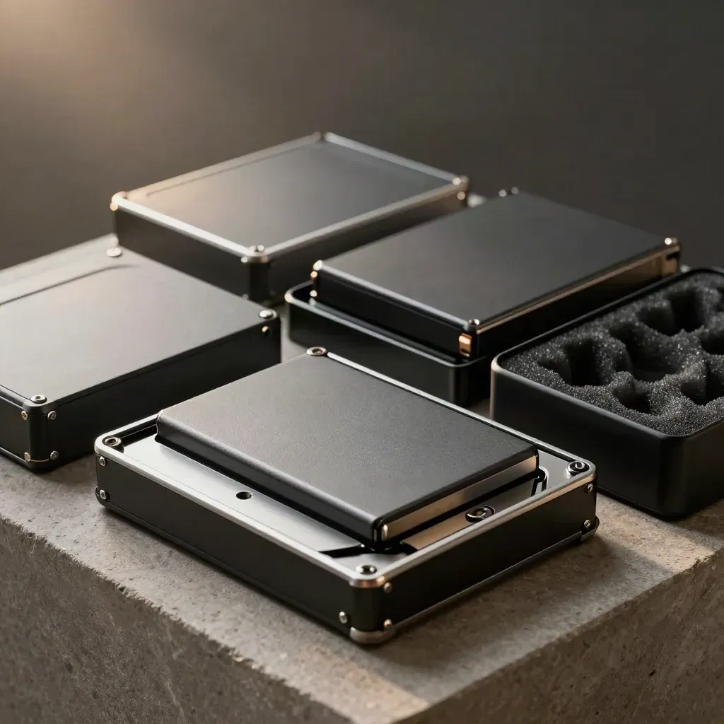 Twin backup drive cartridges and a recovery tray on a graphite stone surface, one mid-settle.