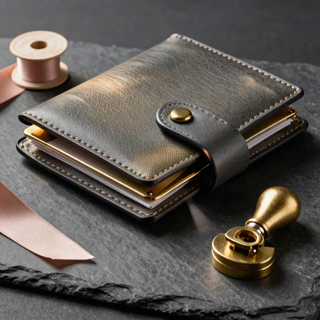 Two leather file wallets joined by a brass clasp with a blush ribbon spool on slate.