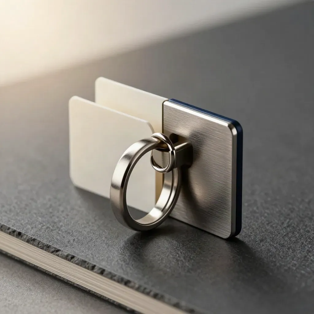 Brushed metal divider ring with spacer plates and two blank tabs on graphite stone