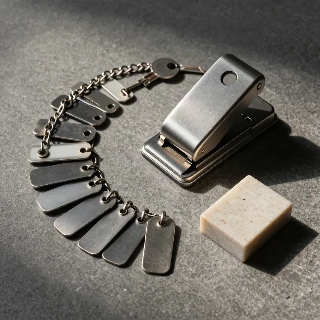 Overhead still life of a time punch, tag chain, and archival block on stone.