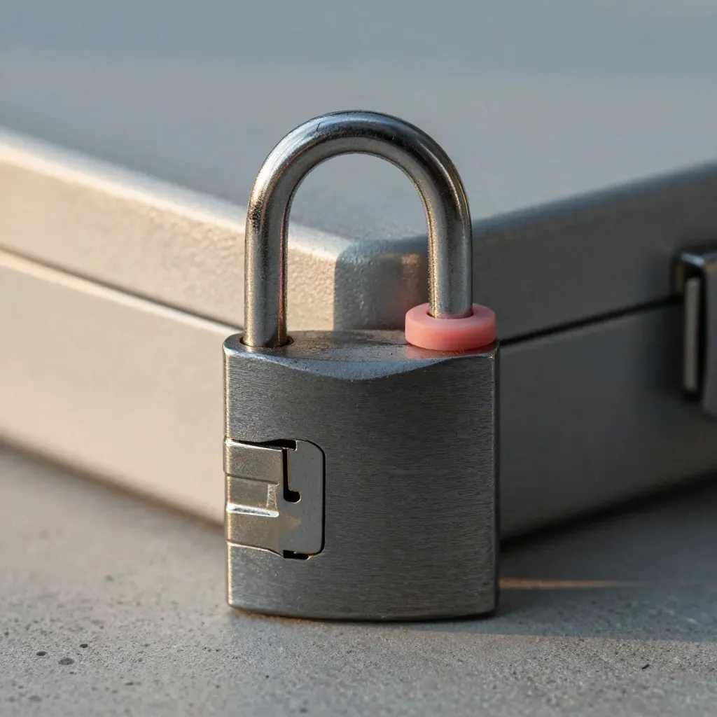 Close-up of a shut lockbox latch with padlock, seal and graphite metal textures.