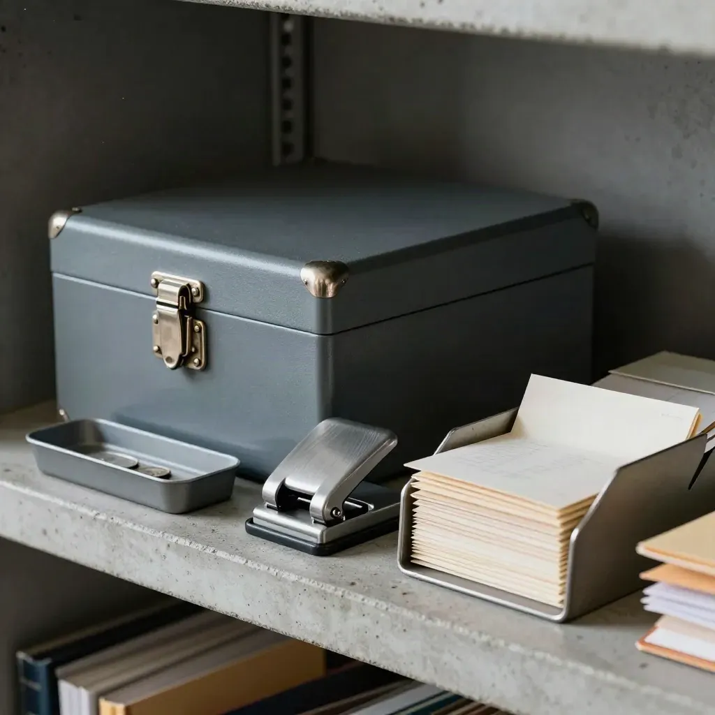 Locked cash box with coin tray, ledger punch and receipt caddy seen through blurred envelopes.