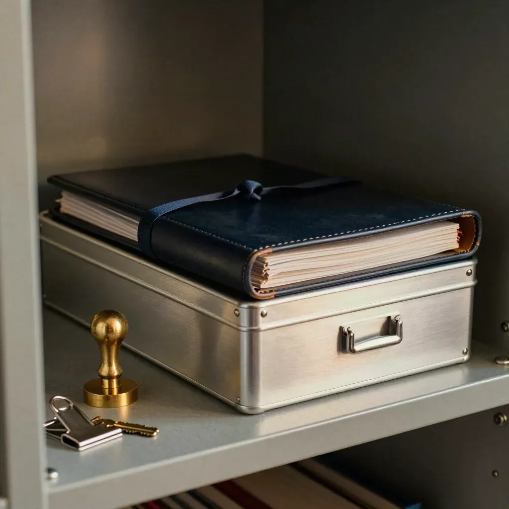Leather records folio, brass seal stamp, file clips, and archival box on a dim slate shelf.