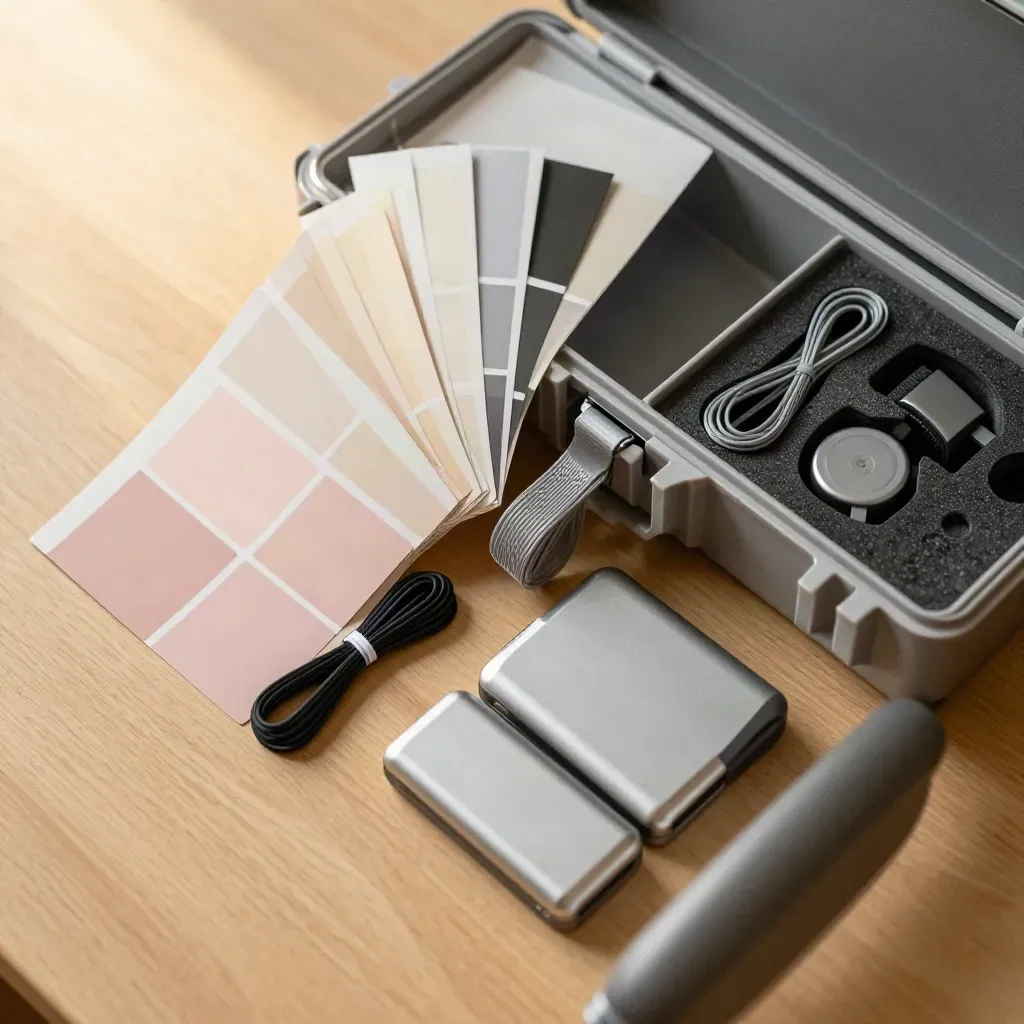 Top-down view of a file-security case with dividers, swatches, cable ties and drive cases.
