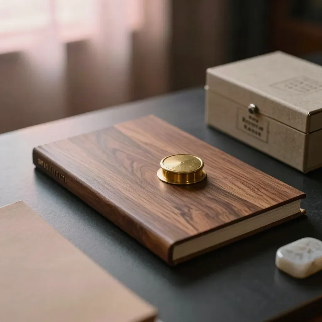 Walnut archive folio, brass seal, paperweight, and embossed box on a dark surface.