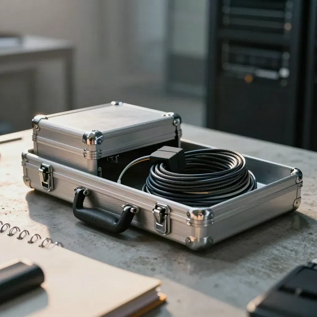 Backup drive caddies and recovery case in cool mist, silver hardware on concrete, seen through a binder
