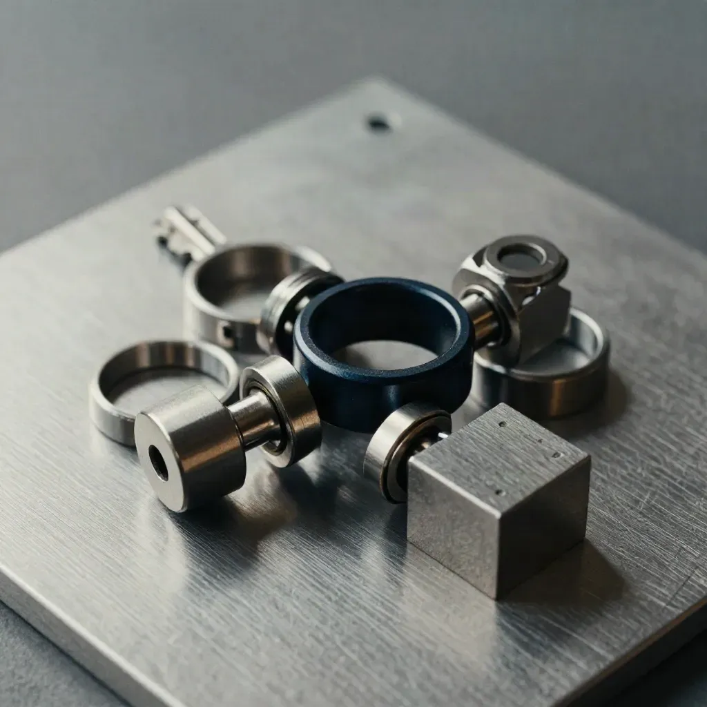 Overhead still life of machined rings, connectors, and modular blocks on brushed metal.