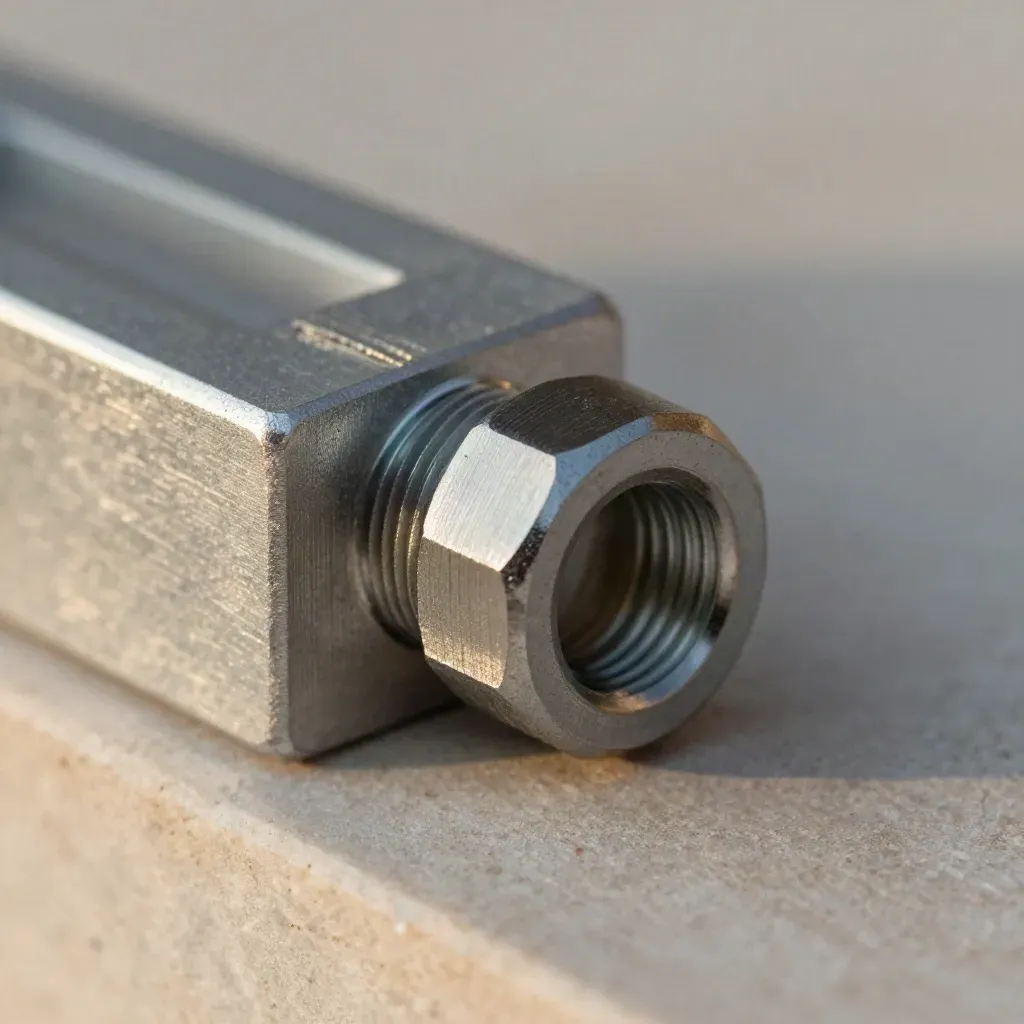 Macro of nested aluminum blocks and a knurled coupling turning into pale stone.