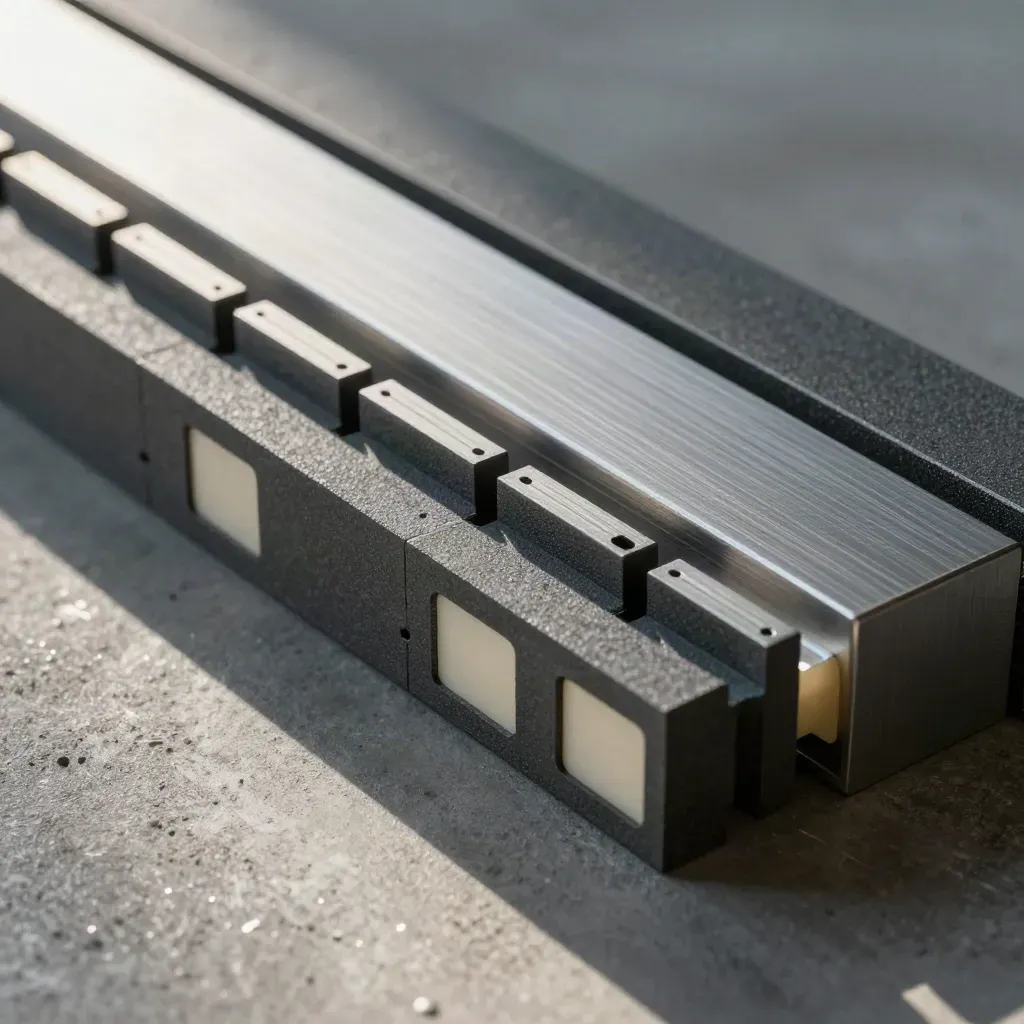 Top-down close-up of graphite connector blocks and spacers aligned on concrete.