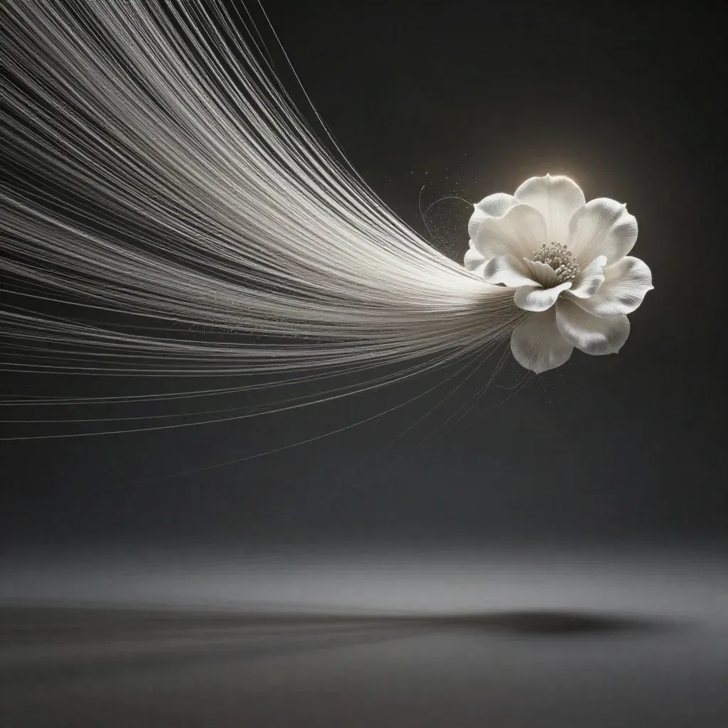 Silver filaments converge into a soft bloom in a dark graphite void.